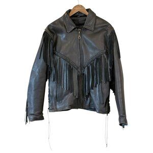 Vintage Mega Force Black Leather Biker Jacket Fringe Zip Front Pockets Ties 12